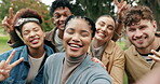 Students, group and selfie for friends, silly and peace sign for picture, education and together. Happy, park and memory for classmates, smile and people with scholarship, university and celebration