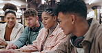 Research, team and laptop with people in library for knowledge, education and college thesis. Academy, teaching and university portal with students and study for help, group project and scholarship
