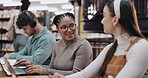 Research, friends and laptop with women in library for knowledge, education and college thesis. Academy, future and university portal with students and studying for exam, project and scholarship
