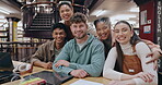 University, students or together in group at library with smile for education, exam studying or learning. Diversity, people or hug portrait for scholarship, knowledge research and assignment teamwork