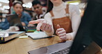 Woman, university and counting at laptop with students, team project and planning with research. Study group, people or tech in library for collaboration, education or maths workshop for productivity
