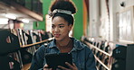 College, African woman and search with tablet in campus library for book study or online course. University, elearning and student with academy digital app for knowledge, info or project research