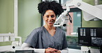 Woman, dentist and happy at clinic on portrait with pride or confidence for career growth in Brazil. Female person, doctor and smile for dentistry for healthcare with oral care and teeth removal