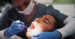 Dental, light or woman with dentist for tooth extraction, cavity and gum disease in consultation for help. Clinic, removal tools or client service for teeth whitening, oral care or mouth treatment