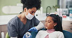 Woman, dentist and girl as patient with dental mold for surgery, treatment and oral care. Doctor, healthcare and discussion or consultation for diagnosis, canal procedure and bite registration