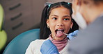 Dental, tools or child with dentist for tooth extraction, cavity or gum disease in consultation. Help, face or girl with woman for teeth whitening, oral care cleaning or treatment for mouth procedure