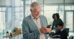 Laughing, phone and business man typing email, report and research information in startup. Mobile, mature manager and chat app for project feedback, funny meme and creative publisher editing review