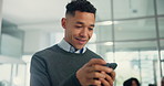 Smile, phone and business man typing email, report or research information in startup. Mobile, manager and chat app for project feedback, online update or creative publisher editing review for story