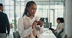 Phone, confused and black woman in office with email for negative review on creative blog post. Communication, cellphone and African female copywriter on mobile app for spell check with online story.