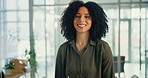 Woman, face and happy accountant in office, laughing and financial advisor for income budget. Female person, portrait and accounting agency in Brazil, professional and proud investment at workplace
