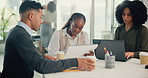Coaching, documents and meeting with business people in boardroom of office together for planning. Collaboration, laptop or training with man and woman employee group in workplace for strategy