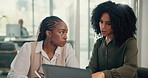 Meeting, laptop and teamwork with business women in boardroom of office together for planning. Computer, productivity and training with employee people in professional workplace for collaboration
