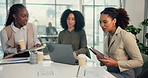 Arrive, meeting and laptop with business women in boardroom of office together for planning. Computer, conversation and greeting hello with employee group in professional workplace for strategy