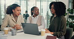 Meeting, laptop and teamwork with business women in boardroom of office together for planning. Computer, conversation and education with employee group in professional workplace for online strategy