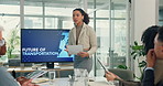 Business, people and woman with display in presentation for transportation rideshare, future development and strategy. Documents, team diversity and vehicle fuel efficiency plan or traffic management