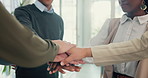 Business, people and hand stack with office for partnership success, agreement support and team building. Staff, applause and project achievement, collaboration and integration celebration for goals