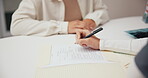 Hands, patient and nurse with checklist for consultation, questions and medical information on table. Closeup, people and discussion with report for healthcare service, writing and notes for wellness