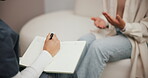 Psychology, hand and people with notebook in discussion for mental health, evaluation and report. Patient, consultation and psychologist writing information on paper for assessment, review and advice