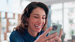 Business, woman and smartphone for laughing in office with typing, funny text message and social media meme. Professional, employee and happy with phone for networking, mobile chat and relax at work