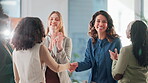 Women, applause and handshake in office for business, promotion and excited for new recruit. Happy people, clap and gesture in workplace for news, incentive achievement and congratulations for bonus