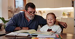 Grandparent, child and laptop for education at house with notebook, maths counting and studying support. Man, girl and digital with books for learning, numbers test and project information of bonding