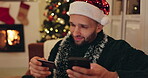 Man, credit card and phone for Christmas online shopping, e commerce payment and subscription on sofa. Happy person, relax and mobile banking for loan application, gift buying or holiday donation