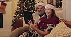 Christmas, mature couple and online shopping with tablet, ecommerce and gift buy in home. Internet, man and woman with living room for party, celebration and holiday with santa hat on lounge couch