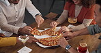 Hands, friends and pizza in restaurant, group and bonding with food, sharing and communication on table. Reunion, hospitality and people with alcohol, glass and celebration for promotion and talking