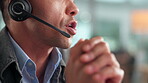 Businessman, mouth and communication with headset in office for investment, plan or online advice. Company, consultant and financial advisor with virtual meeting for budgeting, support or debt review