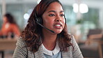 Business, black woman and discussion with headset in office for budget, planning or support. Company, consultation and financial advisor with virtual meeting for investment, advice or risk assessment