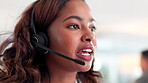 Business, black woman and communication with headset in office for budgeting, advice or support. Company, discussion and financial advisor with virtual meeting for investment, planning or debt review