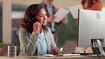 Happy woman, call center and talking to customer support on computer for service, crm or contact us. Insurance agent, telemarketing or consulting client for faq, advice or policy premium at help desk