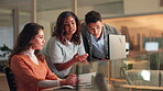 Teamwork, creative and ideas in office, computer and advice to colleague, project or graphic designer. Explaining, pointing and assignment for people, digital and collaboration  in agency or planning