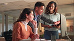Man, women and discussion by computer at night in office with reading, review and tablet with diversity. Business people, pc and teamwork at startup, feedback and brainstorming at creative agency
