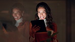 Employee, night and woman with tablet, funny and typing with internet, joyful and social media. Person, evening or journalist with deadline, tech or connection with digital app, online humor or smile