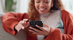 Hands, laughing and mobile phone for online dating app in home with typing, connection or email. Female person, technology and conversation for communication in chatting for social media on website