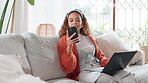 Woman, smartphone and laptop for communication as remote worker in home for connection or email. Female person, tech and happiness for career or research in digital agency, company or web copywriting