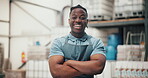Smile, industry and distillery with arms crossed and man for distribution, manufacturing or alcohol production. Fermentation technician, quality control and brewery with person for storage process
