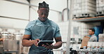 Inspection, factory and distillery with man and tablet for distribution, manufacturing and alcohol production. Fermentation technician, quality control and online checklist with person for storage