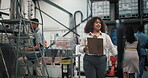 Checklist, factory and distillery with woman and clipboard for distribution, manufacturing and alcohol production. Fermentation technician, quality control and inventory management with person