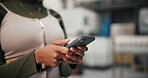 Phone, woman and hands typing on social media, text message and comment online on account. Mobile, writing and person on internet for chat app, information forum and web search for feedback in home