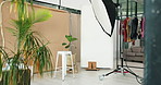 Plants, light stand and chair in photography studio for editorial magazine photoshoot project. Leaves, equipment and stool by background for art media session in empty space at creative agency.