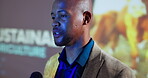 Speaker, sustainability and agriculture with black man at seminar for conference, environment and expo. Panel discussion, keynote speech and climate change showcase with person for farming ethics