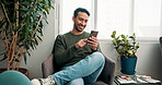 Phone, happy and man on sofa for relaxing in home typing text on dating app for romantic networking. Technology, rest and male person with cellphone for online connectivity in living room at house.