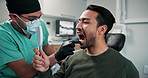 Mirror, man and dentist checking mouth for results, veneers or hygiene care at medical clinic. Healthcare, professional and patient in dental chair for cleaning, health or teeth whitening treatment