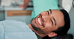 Dentist, chair and portrait of man with smile for cleaning,  veneers or mouth hygiene at medical clinic. Healthcare, confidence and happy patient with dental care, health or teeth whitening treatment