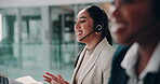 Call center, woman and consultant smile on microphone for lead generation, telecom support and customer service. Telemarketing, agent and talking on headset for CRM advisory, assistance and telesales