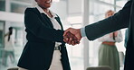 Business, people and shaking hands for celebration in office with finance promotion, partner deal and welcome. Accounting firm, support or handshake in boardroom for congratulations, pride or success