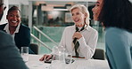 Business, people and talking for meeting in office with communication, documents and financial planning. Speaker, tablet and kpi report with finance feedback, accounting budget and investment growth