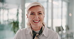 Happy, mature woman and business with face, confidence or pride as entrepreneur in modern office. Female person, portrait and professional as management for corporate, company or recruitment agency